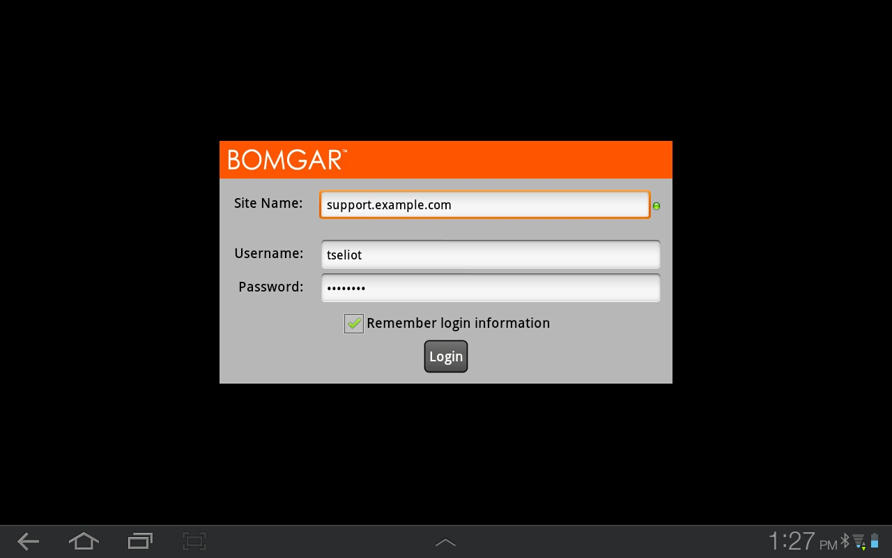 Iniciar sesión en la consola del técnico de soporte Android En la pantalla de inicio, ingrese el nombre del host de su sitio Bomgar, por ejemplo example.bomgarconnect.com.