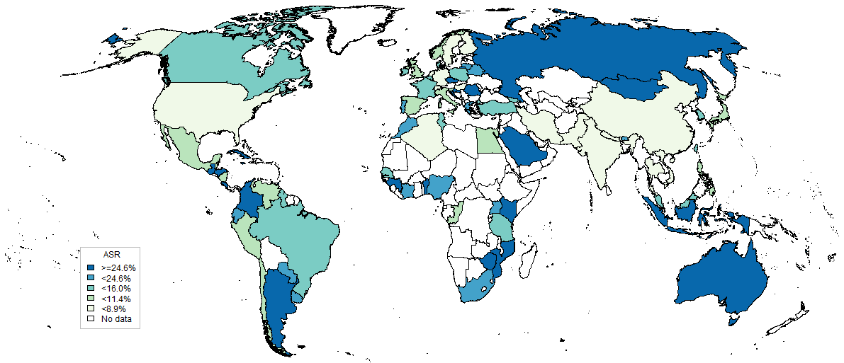 III: REVISIÓN BIBLIOGRÁFICA Figura 7: Mapa de la prevalencia mundial de HPV en mujeres con citología normal. Tomado de ICO Information Centre on Human Papilloma Virus (HPV) and Cancer, 2015.