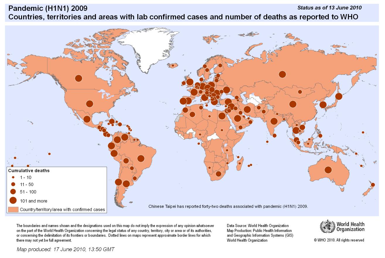 Influenza A (H1N1) pandemica 18,337 muertes en mas de 125 países El numero oficial de casos esta