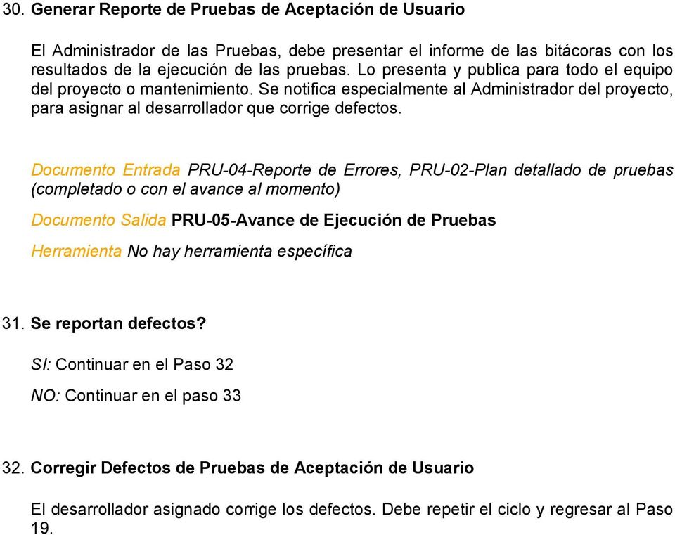 Documento Entrada PRU-04-Reporte de Errores, PRU-02-Plan detallado de pruebas (completado o con el avance al momento) Documento Salida PRU-05-Avance de Ejecución de Pruebas 31.