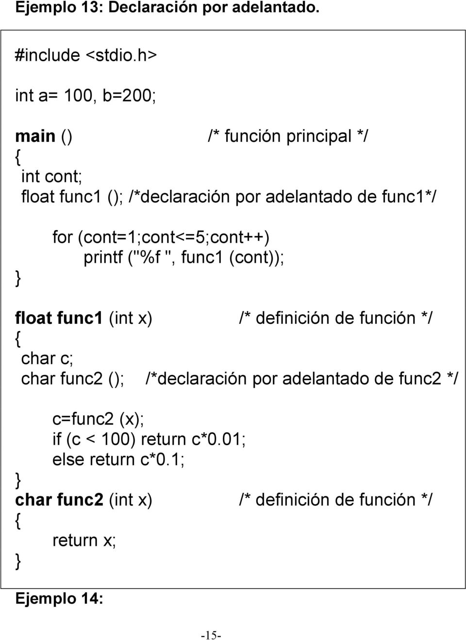 (cont=1;cont<=5;cont++) printf ("%f ", func1 (cont)); float func1 (int x) /* definición de función */ char