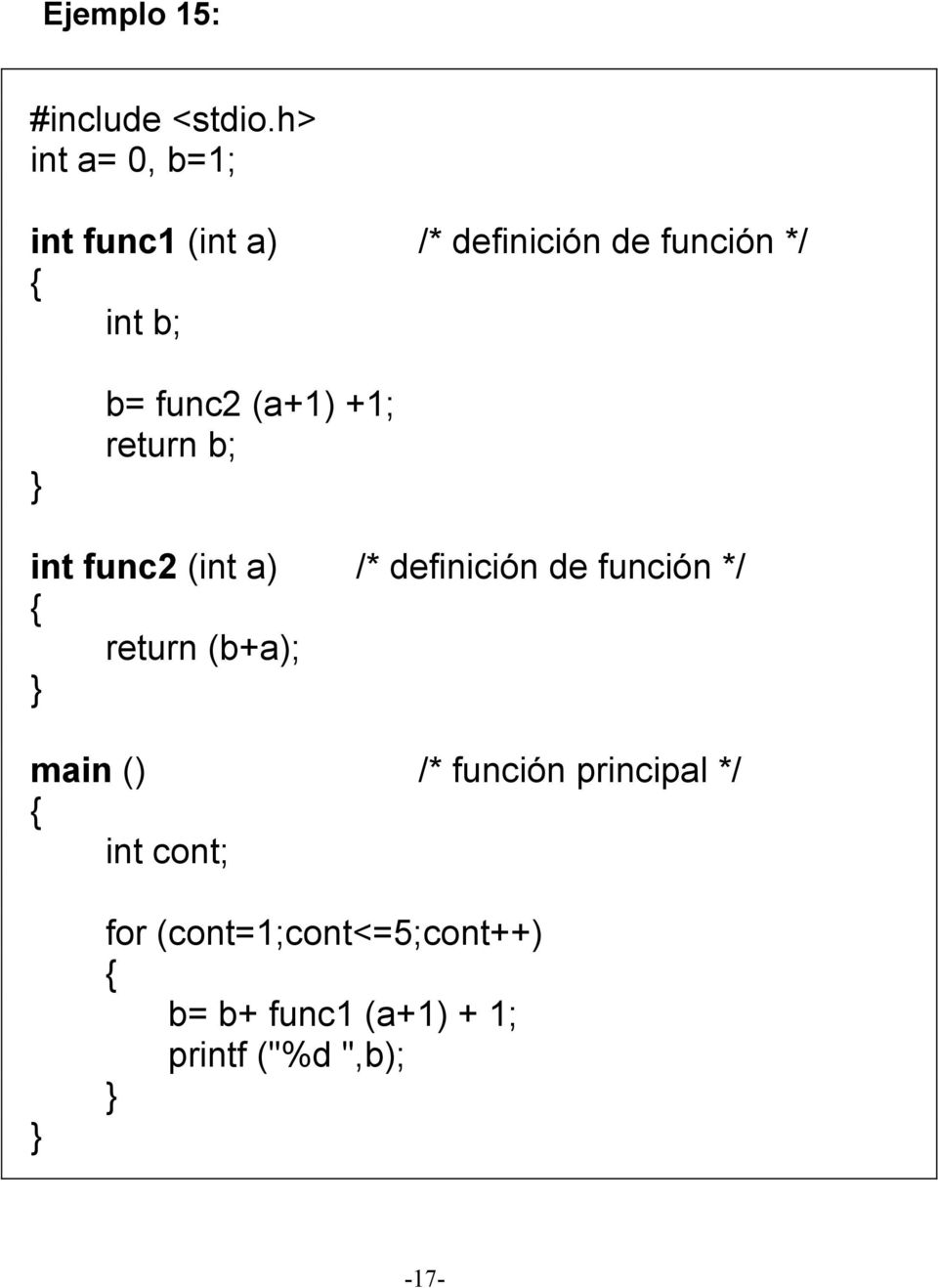 a) /* definición de función */ return (b+a); int cont; for