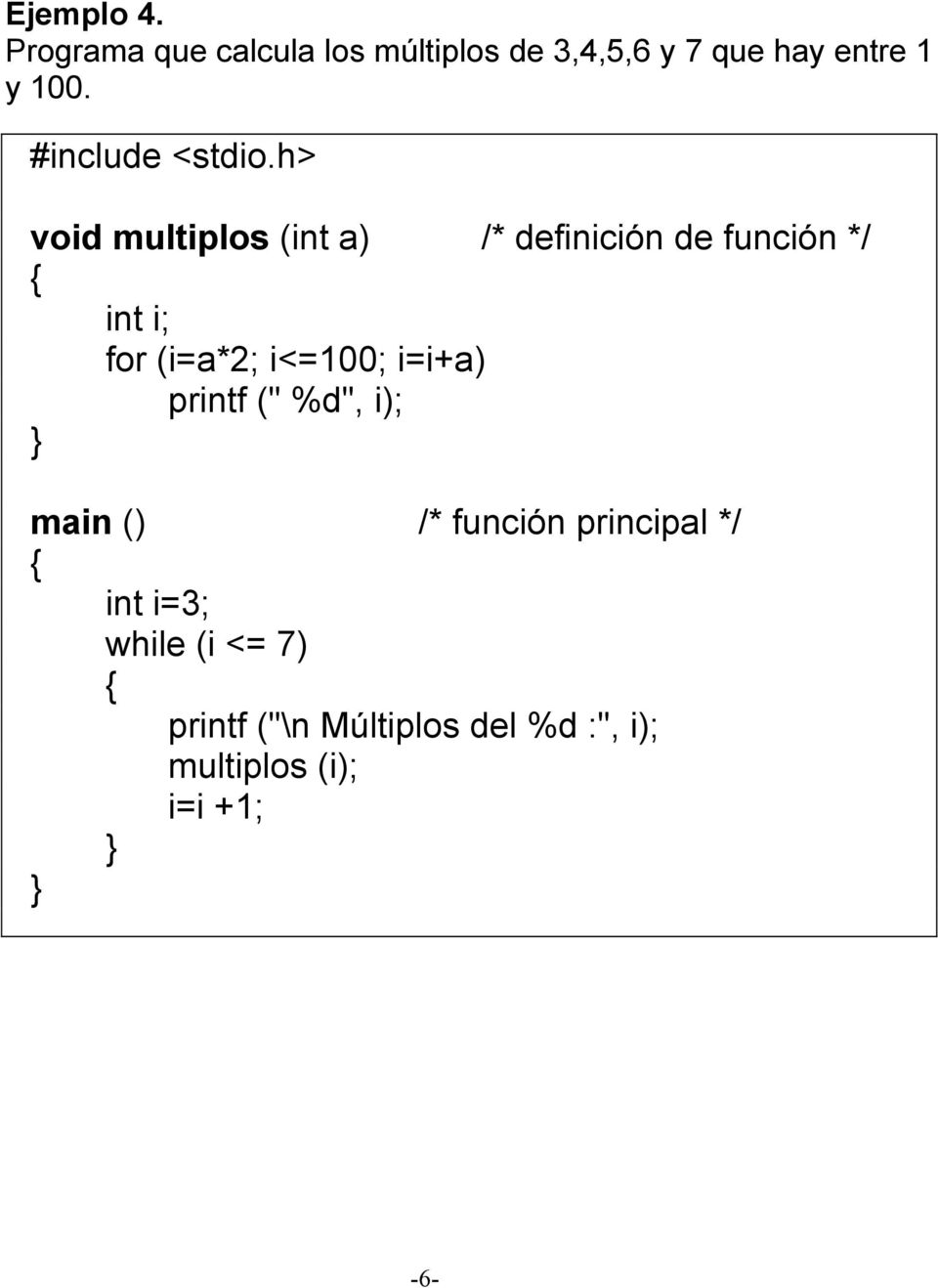 100. void multiplos (int a) /* definición de función */ int i; for