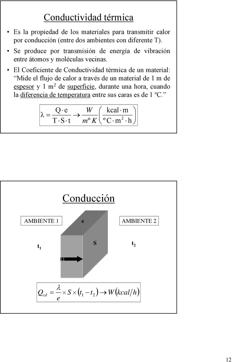 El Coeficiente de Conductividad térmica de un material: Mideelflujodecaloratravésdeunmaterialdemde espesor y m 2 de superficie,