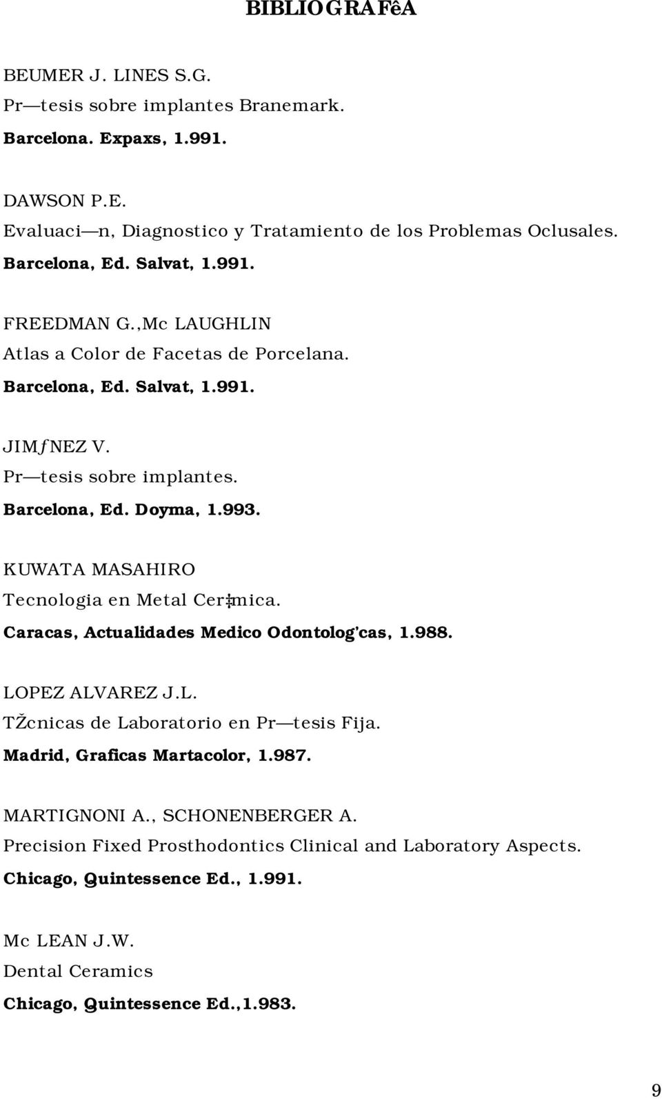 KUWATA MASAHIRO Tecnologia en Metal Cer mica. Caracas, Actualidades Medico Odontolog cas, 1.988. LOPEZ ALVAREZ J.L. TŽcnicas de Laboratorio en Pr tesis Fija.