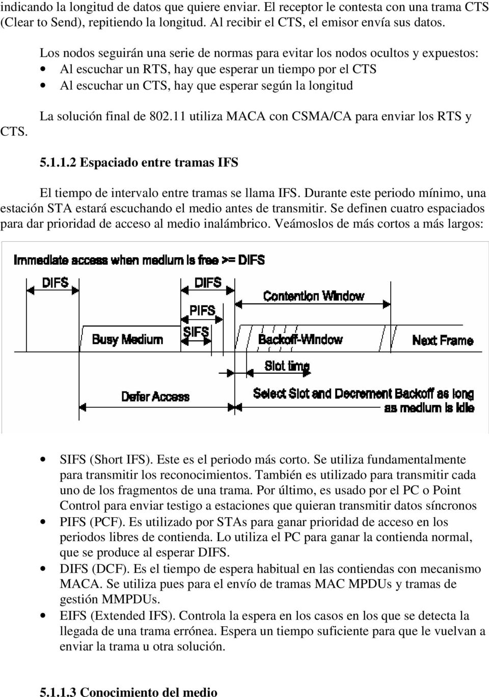 La solución final de 802.11 utiliza MACA con CSMA/CA para enviar los RTS y 5.1.1.2 Espaciado entre tramas IFS El tiempo de intervalo entre tramas se llama IFS.