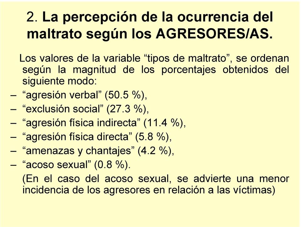 modo: agresión verbal (50.5 %), exclusión social (27.3 %), agresión física indirecta (11.
