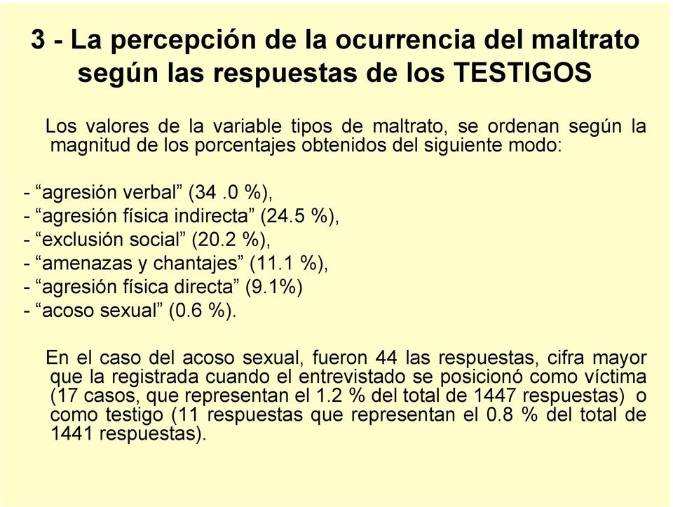 1 %), - agresión física directa (9.1%) - acoso sexual (0.6 %).