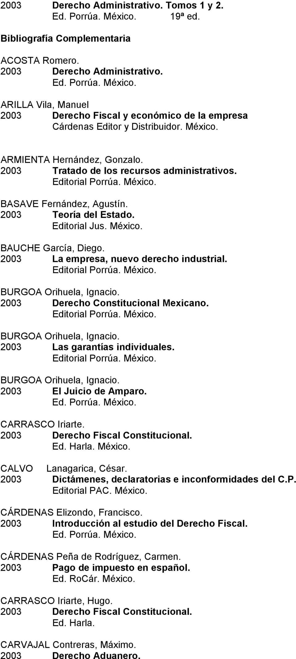 BASAVE Fernández, Agustín. 2003 Teoría del Estado. Editorial Jus. México. BAUCHE García, Diego. 2003 La empresa, nuevo derecho industrial. BURGOA Orihuela, Ignacio.