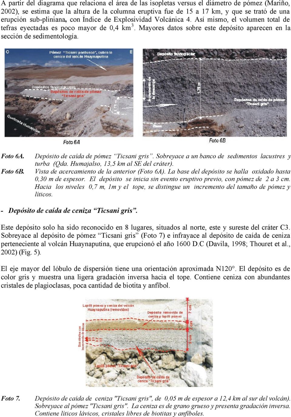 Mayores datos sobre este depósito aparecen en la sección de sedimentología. Foto 6A. Foto 6B. Depósito de caída de pómez Ticsani gris. Sobreyace a un banco de sedimentos lacustres y turba (Qda.