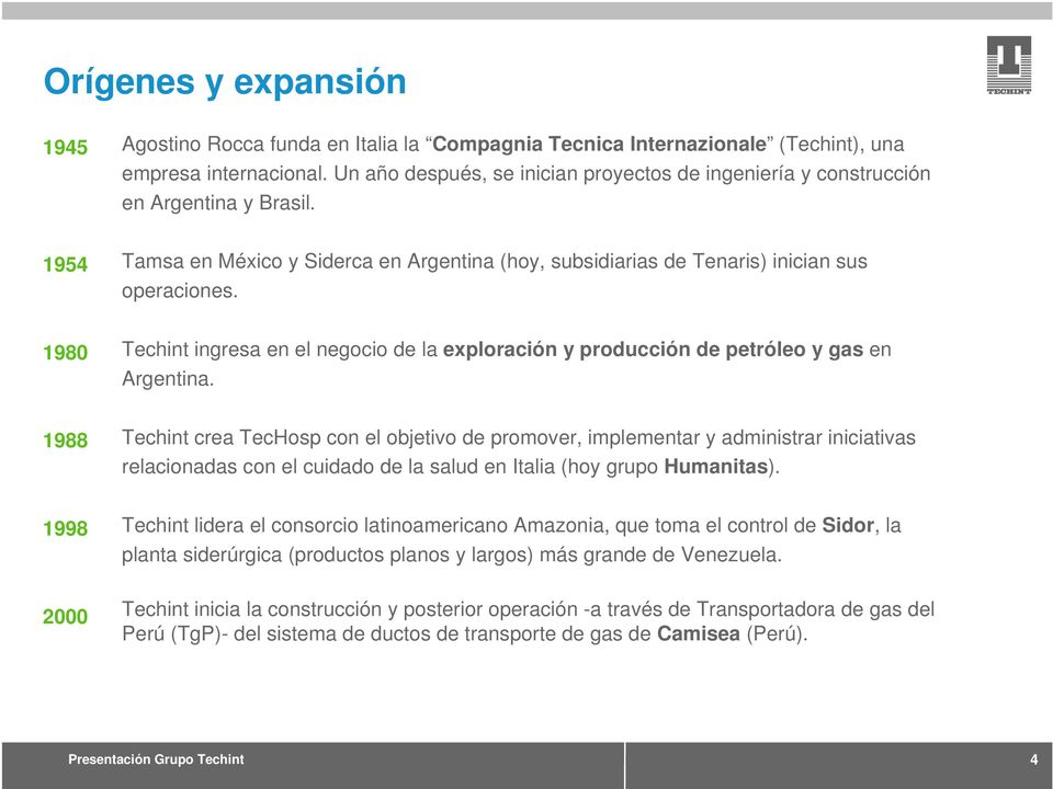 1980 Techint ingresa en el negocio de la exploración y producción de petróleo y gas en Argentina.