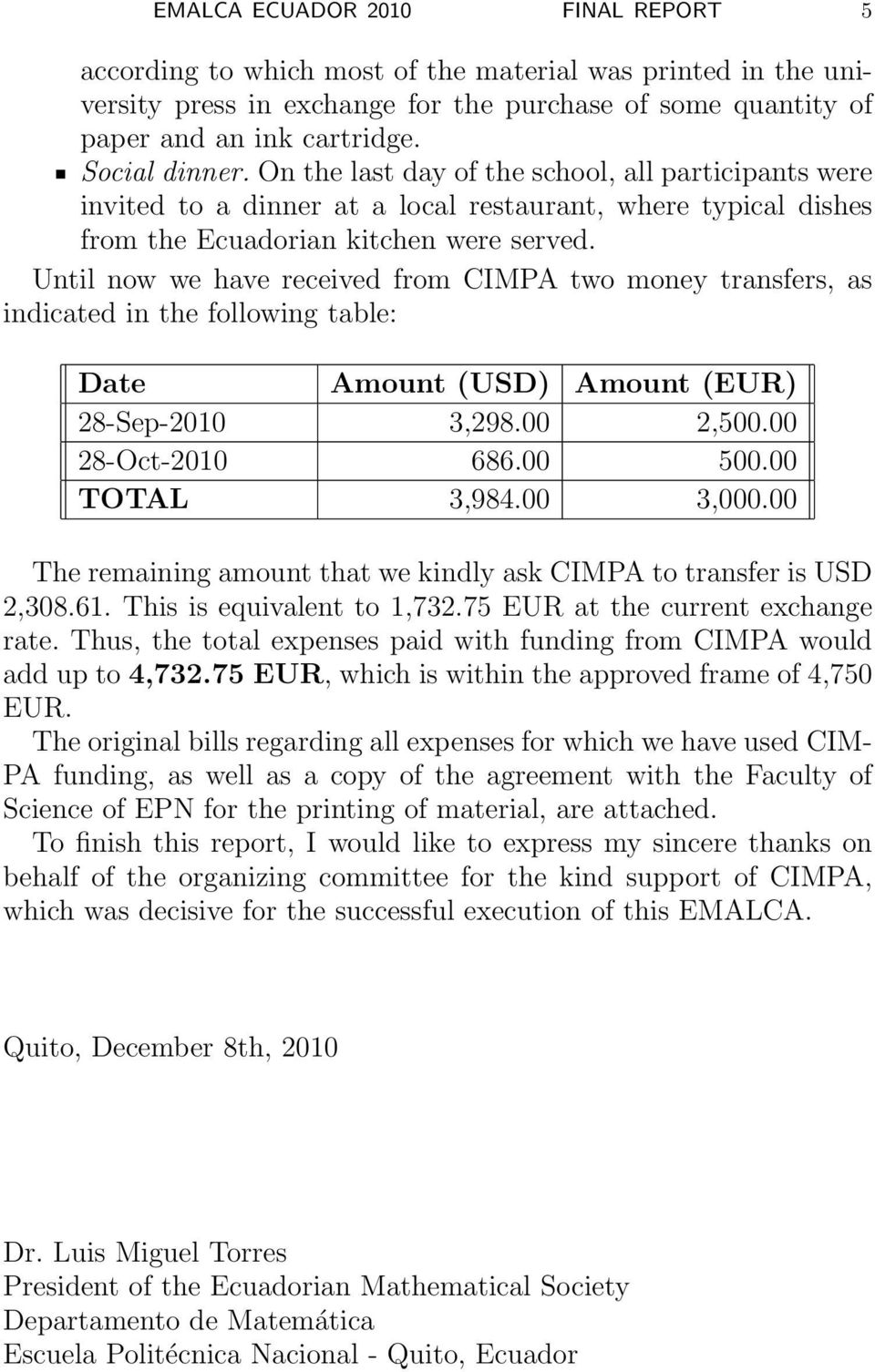 Until now we have received from CIMPA two money transfers, as indicated in the following table: Date Amount (USD) Amount (EUR) 28-Sep-2010 3,298.00 2,500.00 28-Oct-2010 686.00 500.00 TOTAL 3,984.
