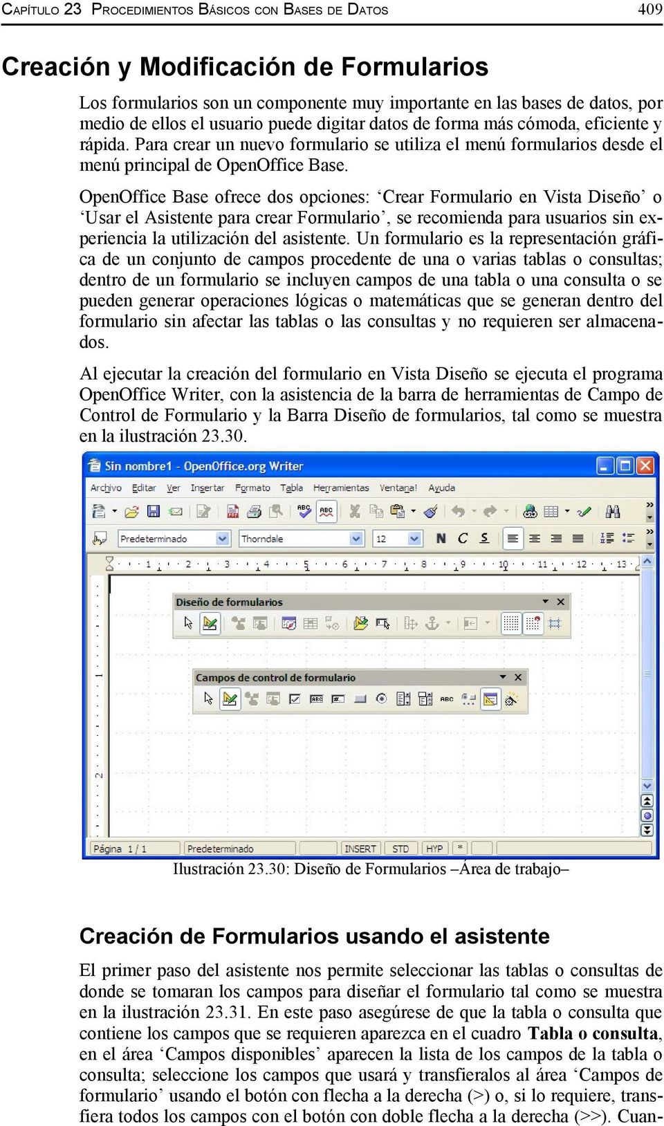 OpenOffice Base ofrece dos opciones: Crear Formulario en Vista Diseño o Usar el Asistente para crear Formulario, se recomienda para usuarios sin experiencia la utilización del asistente.