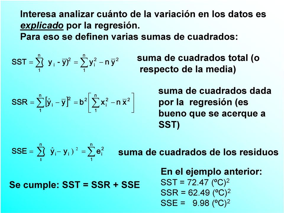 mda) SSR ˆ b x x suma d cuadrados dada por la rgrsó (s buo qu s acrqu a SST) SSE ( ˆ ) S