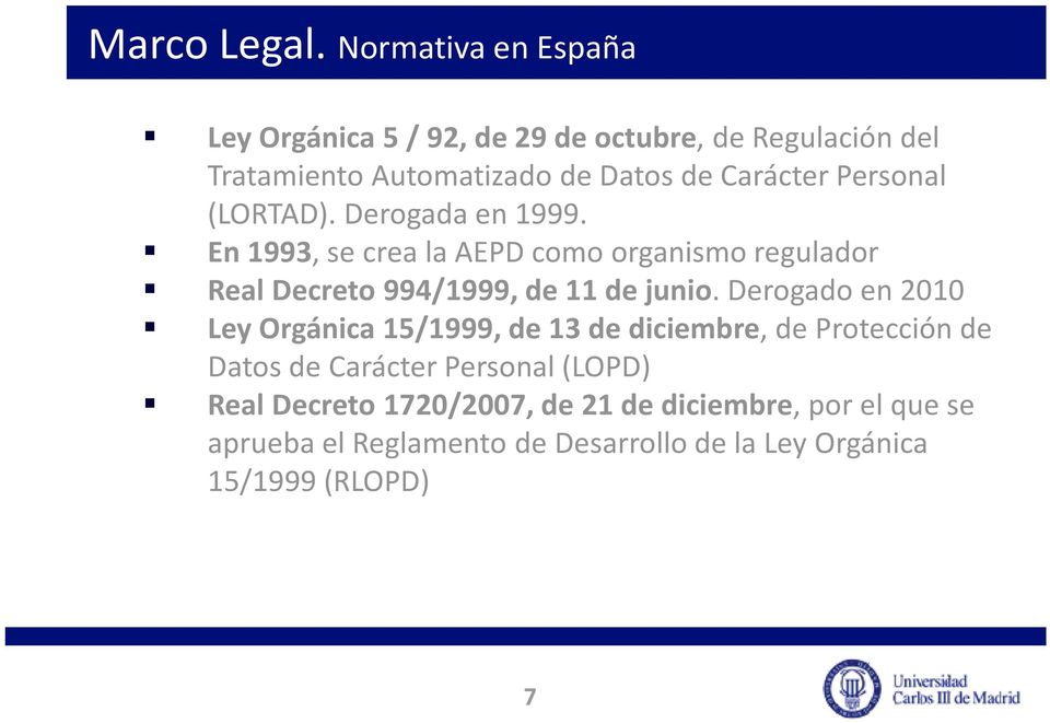 Personal (LORTAD). Derogada en 1999. En 1993, se crea la AEPD como organismo regulador Real Decreto 994/1999, de 11 de junio.