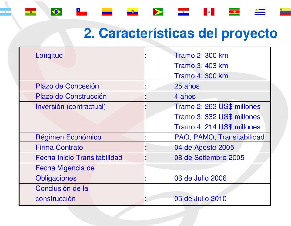 US$ millones Régimen Económico : PAO, PAMO, Transitabilidad Firma Contrato : 04 de Agosto 2005 Fecha Inicio