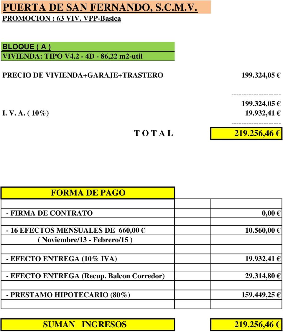 256,46 FORMA DE PAGO - FIRMA DE CONTRATO 0,00-16 EFECTOS MENSUALES DE 660,00 10.