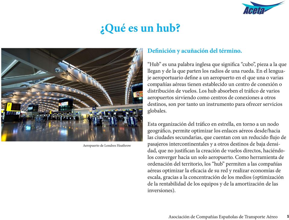 Los hub absorben el tráfico de varios aeropuertos sirviendo como centros de conexiones a otros destinos, son por tanto un instrumento para ofrecer servicios globales.