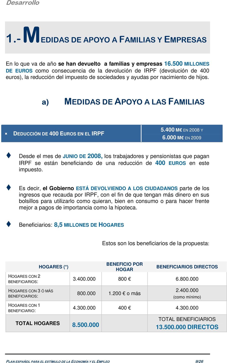 a) MEDIDAS DE APOYO A LAS FAMILIAS DEDUCCIÓN DE 400 EUROS EN EL IRPF 5.400 M EN 2008 Y 6.
