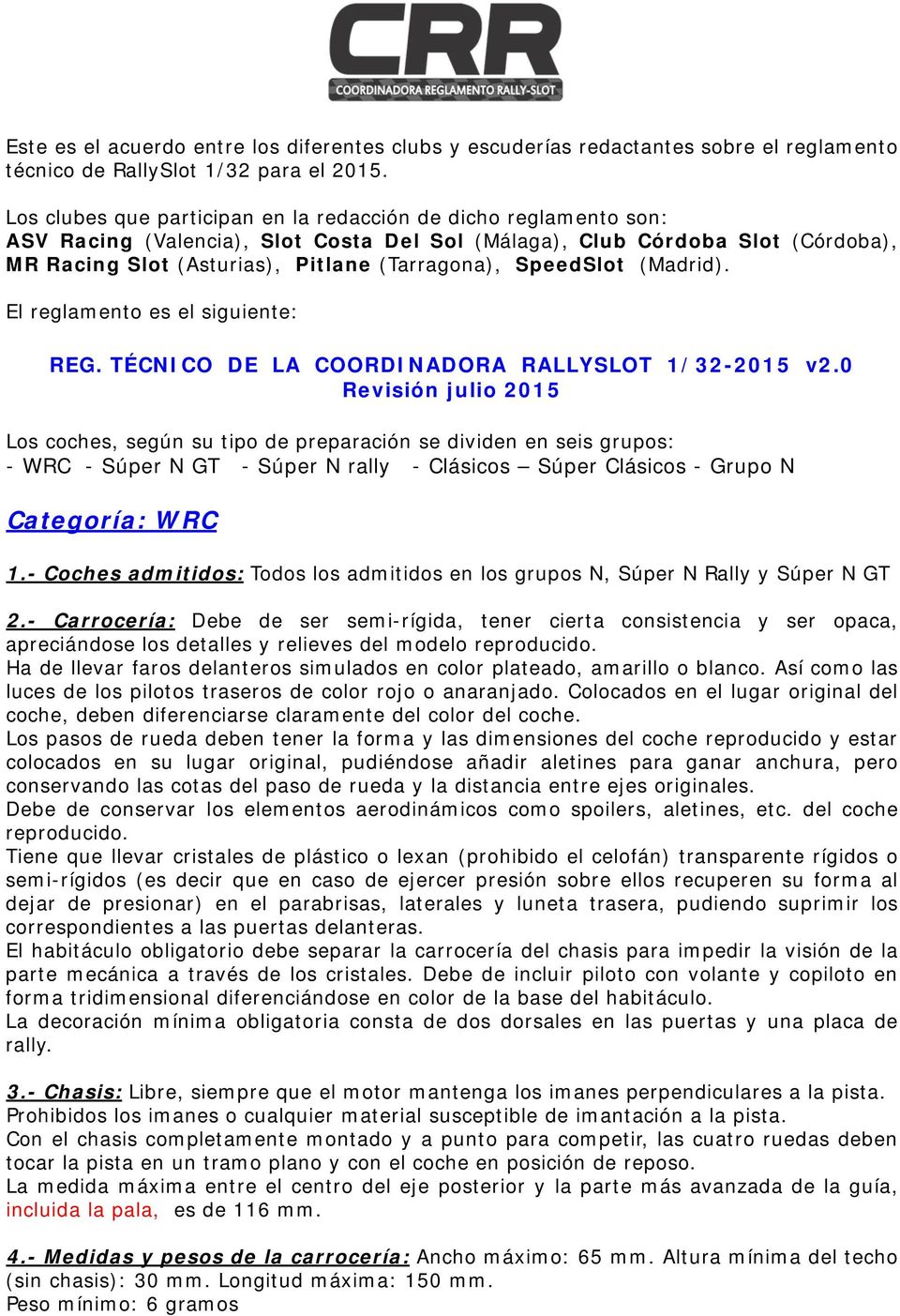 SpeedSlot (Madrid). El reglamento es el siguiente: REG. TÉCNICO DE LA COORDINADORA RALLYSLOT 1/32-2015 v2.