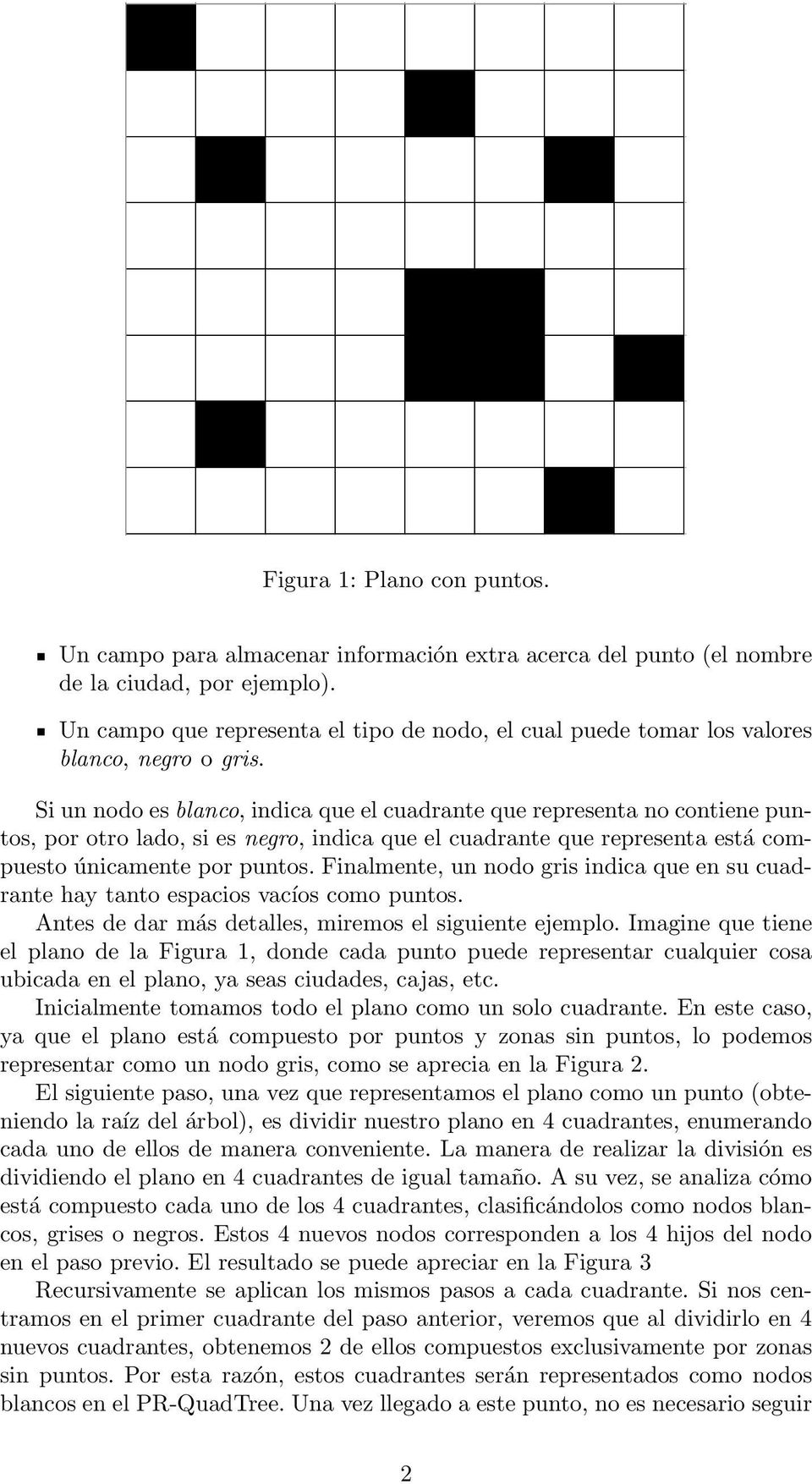 Si un nodo es blanco, indica que el cuadrante que representa no contiene puntos, por otro lado, si es negro, indica que el cuadrante que representa está compuesto únicamente por puntos.
