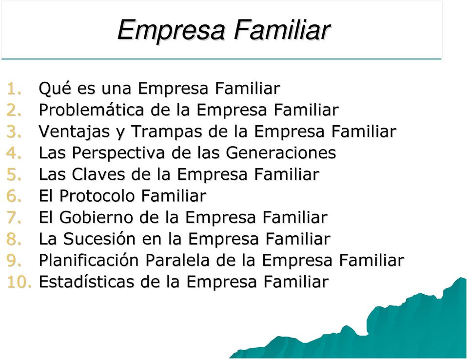 Las Claves de la Empresa Familiar 6. El Protocolo Familiar 7. El Gobierno de la Empresa Familiar 8.