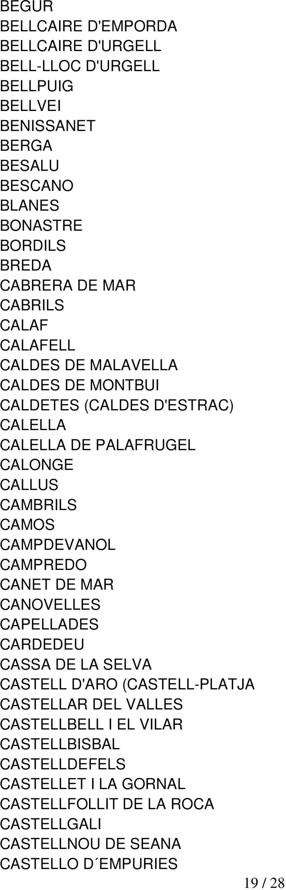 CAMBRILS CAMOS CAMPDEVANOL CAMPREDO CANET DE MAR CANOVELLES CAPELLADES CARDEDEU CASSA DE LA SELVA CASTELL D'ARO (CASTELL-PLATJA CASTELLAR DEL VALLES