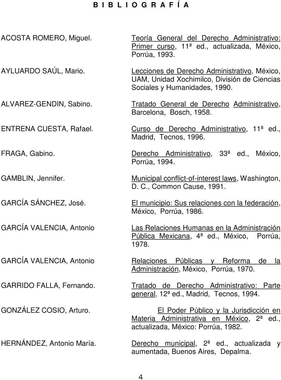 Lecciones de Derecho Administrativo, México, UAM, Unidad Xochimilco, División de Ciencias Sociales y Humanidades, 1990. Tratado General de Derecho Administrativo, Barcelona, Bosch, 1958.