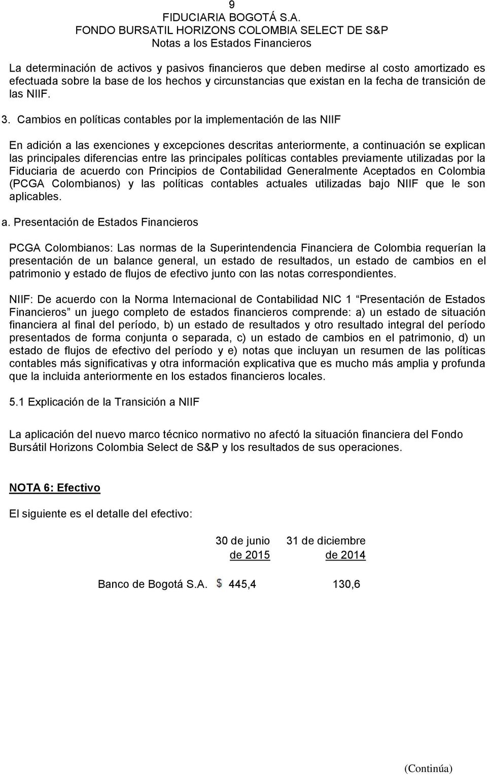 principales políticas contables previamente utilizadas por la Fiduciaria de acuerdo con Principios de Contabilidad Generalmente Aceptados en Colombia (PCGA Colombianos) y las políticas contables