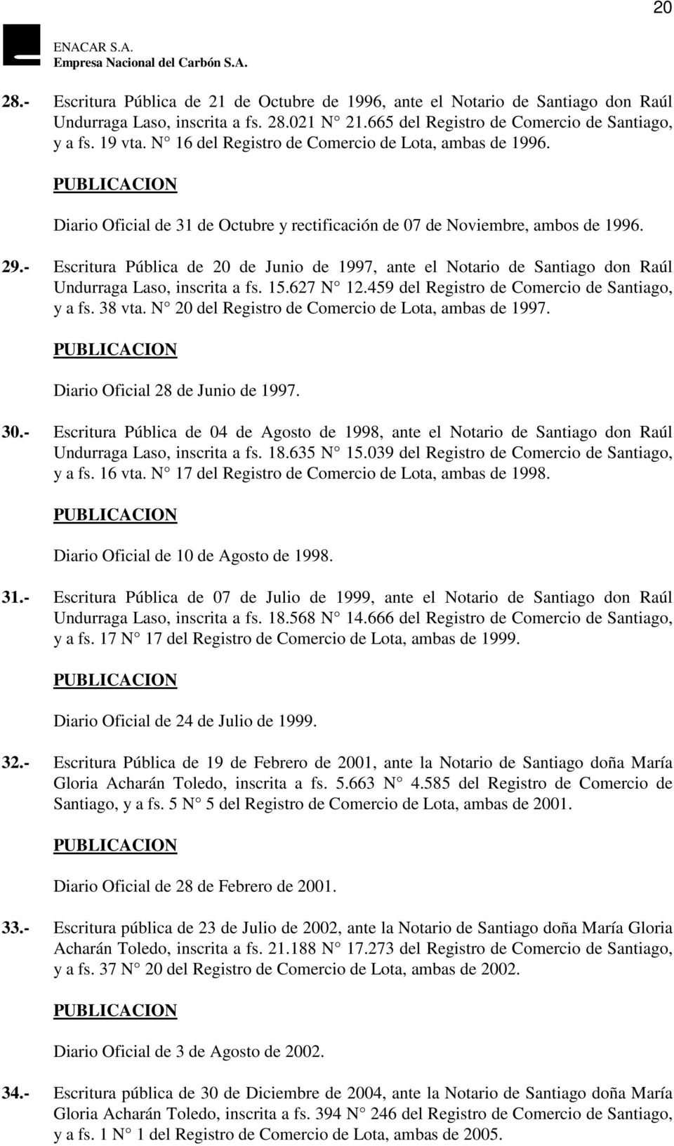 - Escritura Pública de 20 de Junio de 1997, ante el Notario de Santiago don Raúl Undurraga Laso, inscrita a fs. 15.627 N 12.459 del Registro de Comercio de Santiago, y a fs. 38 vta.
