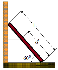 19. Una escalera homogénea de peso W está apoyada en un piso y una pared lisos y se sostiene con una cuerda como se indica en la figura. a. Calcule la tensión de la cuerda en términos de W, L, d. b.