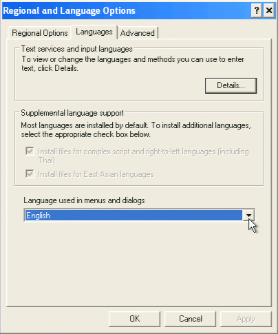 Elección del idioma Windows utiliza el inglés como idioma por defecto en los menús y los cuadros de diálogo. Se puede cambiar el idioma de acuerdo con sus preferencias en la pantalla a continuación.