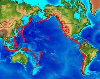 Figura 1.1.- Cinturón de fuego del Pacífico y otras zonas sismológicas. Particularmente la principal causa de terremotos en Chile, es la subducción de la placa de Nazca bajo la placa Sudamericana.