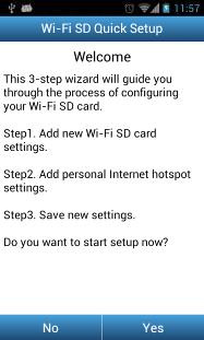 Configuración rápida en el primer uso La primera vez que se inicia la aplicación Wi-Fi SD App conectado en modo Compartir Directo (Direct Share), aparecerá Quick Setup Wizard para
