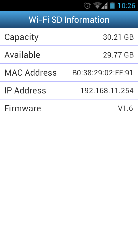 Información de Wi-Fi SD La información de Wi-Fi SD muestra la dirección MAC y la version de firmware de la tarjeta Wi-Fi SD.