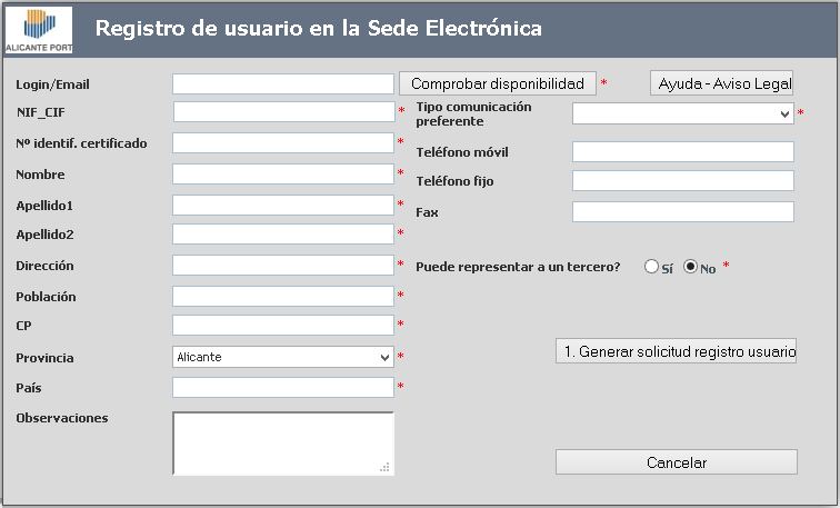 Para acceder al formulario de registro utilice la dirección: https://sede.puertoalicante.gob.es/ap/visitor.aspx?id=454&idportal=0 Debe introducir los datos personales requeridos.