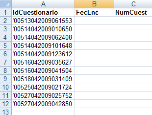 Cada hoja contiene en la primera fila, una serie de encabezados (corresponden a las variables definidas en la nomenclatura) los cuales les indicarán el error en el que incurre el registro.