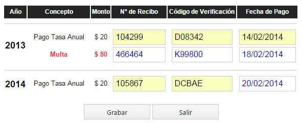 REGISTRO DE RECIBOS El sistema muestra el formulario para el registro de recibos, mostrando las deudas pendientes de cada año: Pantalla del formulario de registro de los recibos de pago.