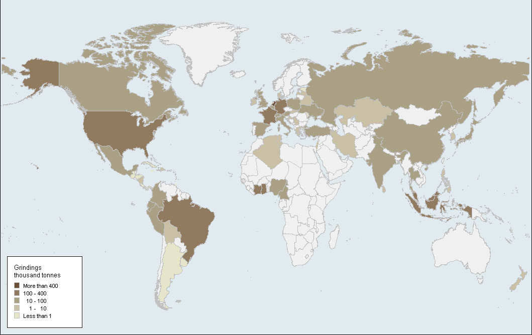 Moliendas Mundiales de Cacao Estimaciones 2014/15: 4.131 milliones de toneladas Europe and Russia: 38% (1.