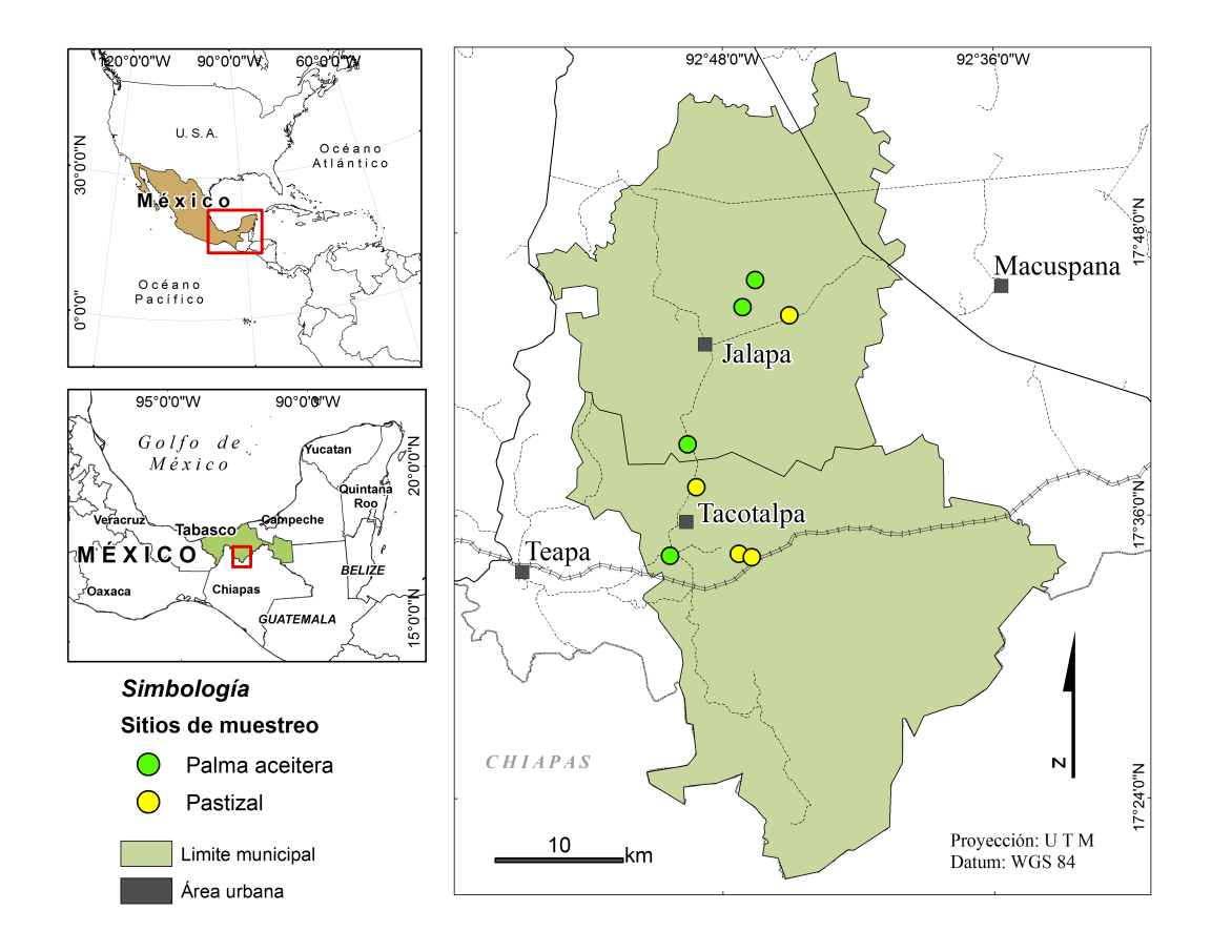 Figura 1. Localización de los sitios de muestreo en Tabasco, México.