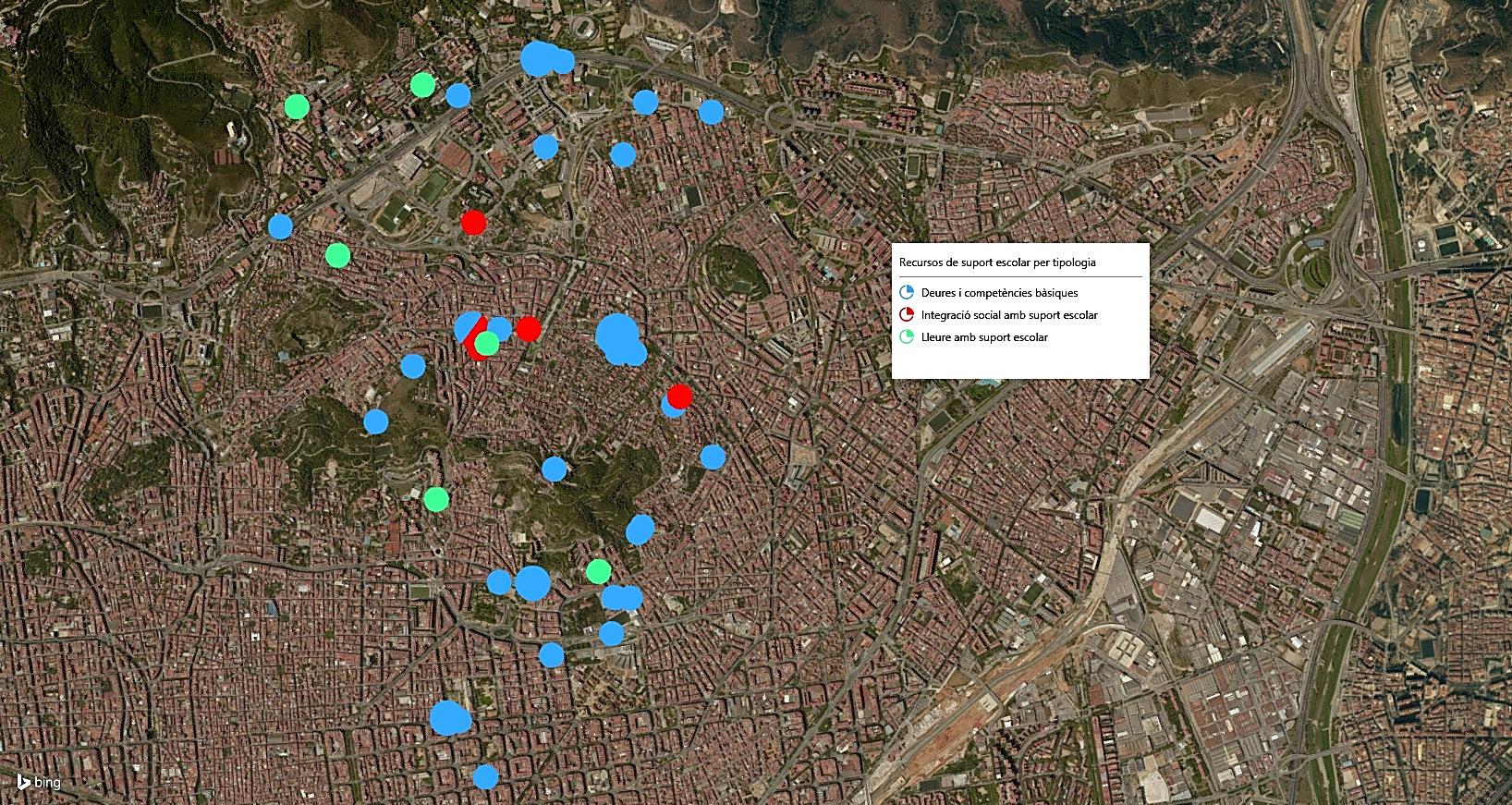 Mapa de recursos de suport a Barcelona Recursos de suport en el districte per tipologia El mapa mostra la ubicació dels recursos de suport del districte, tant els que es realitzen en centres