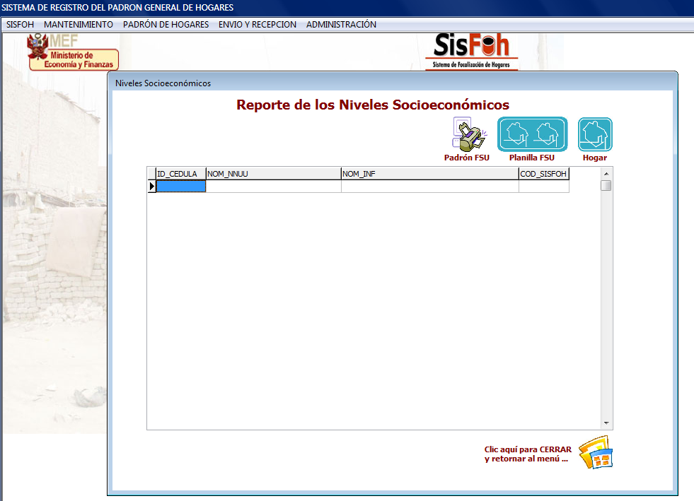 3.1.4.2- Reportes: Esta opción nos permite obtener los reportes de las fichas ingresadas junto con sus niveles SISFOH por hogar.