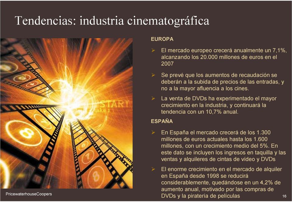 La venta de DVDs ha experimentado el mayor crecimiento en la industria, y continuará la tendencia con un 10,7% anual. ESPAÑA En España el mercado crecerá de los 1.