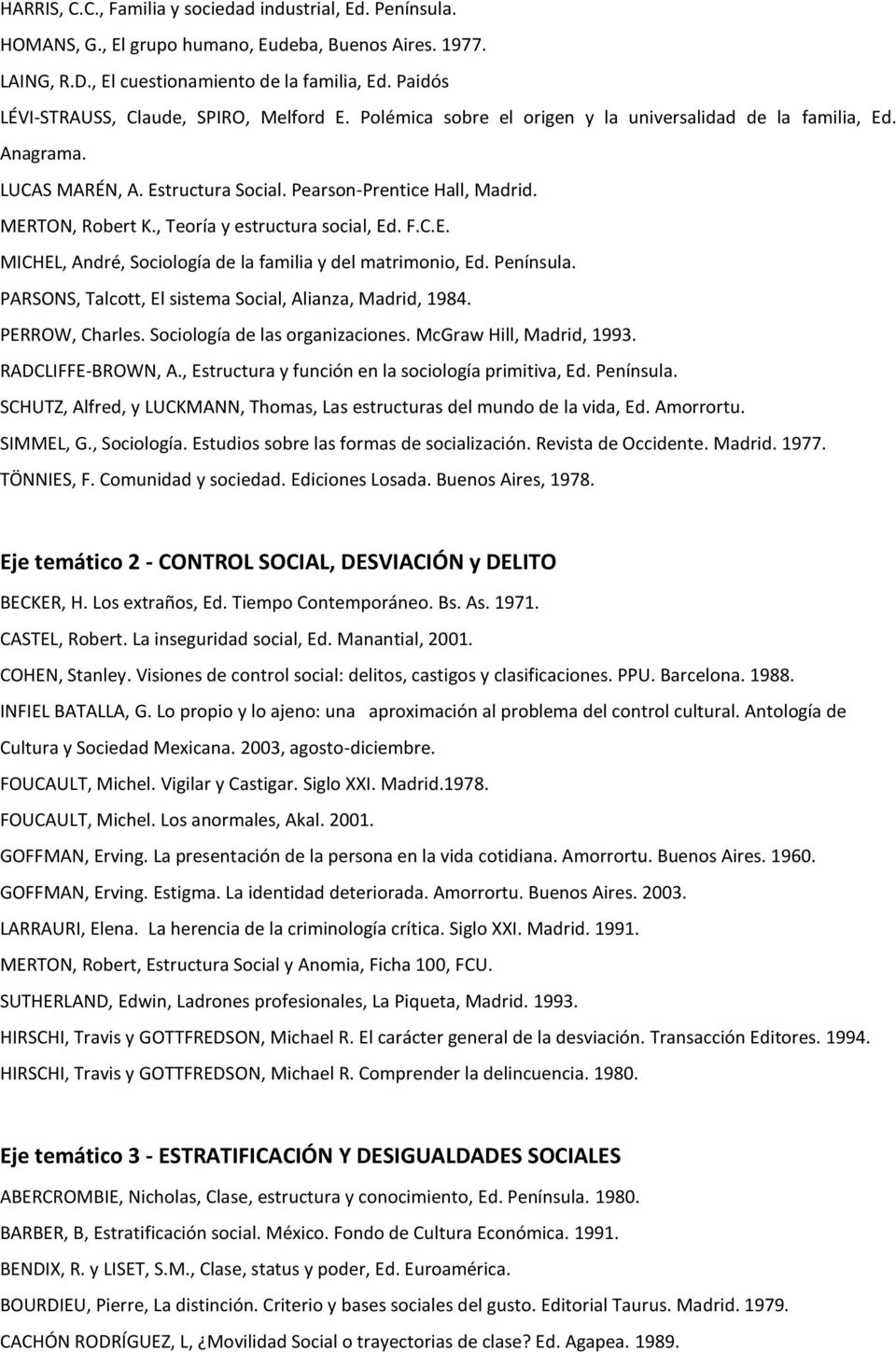 MERTON, Robert K., Teoría y estructura social, Ed. F.C.E. MICHEL, André, Sociología de la familia y del matrimonio, Ed. Península. PARSONS, Talcott, El sistema Social, Alianza, Madrid, 1984.