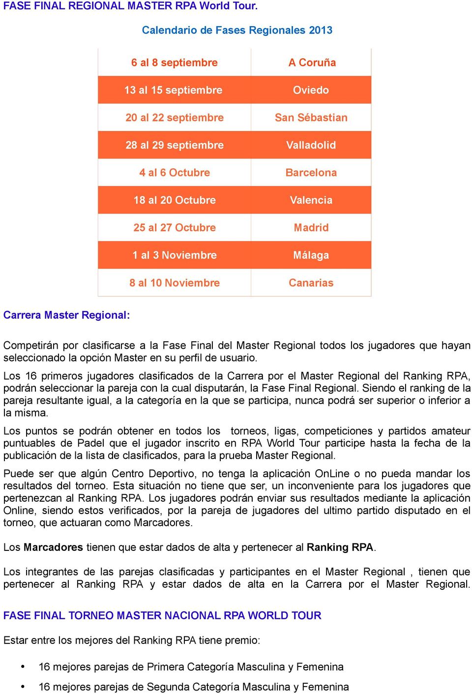 Valencia 25 al 27 Octubre Madrid 1 al 3 Noviembre Málaga 8 al 10 Noviembre Canarias Carrera Master Regional: Competirán por clasificarse a la Fase Final del Master Regional todos los jugadores que