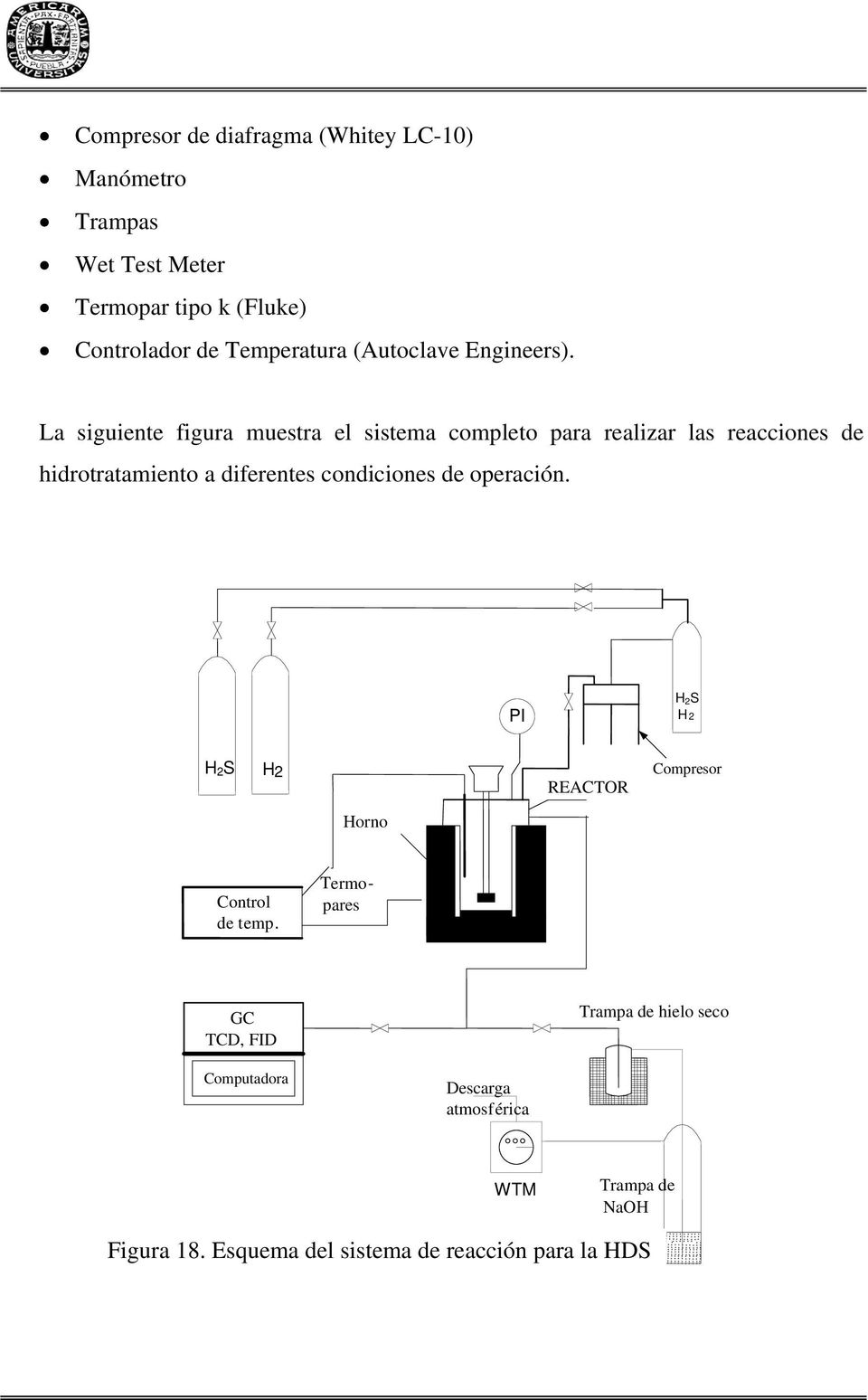 La siguiente figura muestra el sistema completo para realizar las reacciones de hidrotratamiento a diferentes condiciones de operación.
