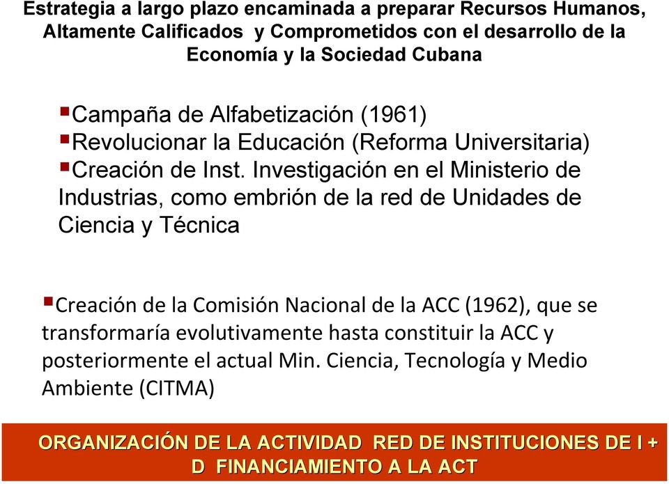 Investigación en el Ministerio de Industrias, como embrión de la red de Unidades de Ciencia y Técnica Creación de la Comisión Nacional de la ACC (1962), que