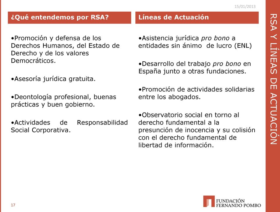 Líneas de Actuación Asistencia jurídica pro bono a entidades sin ánimo de lucro (ENL) Desarrollo del trabajo pro bono en España junto a otras fundaciones.