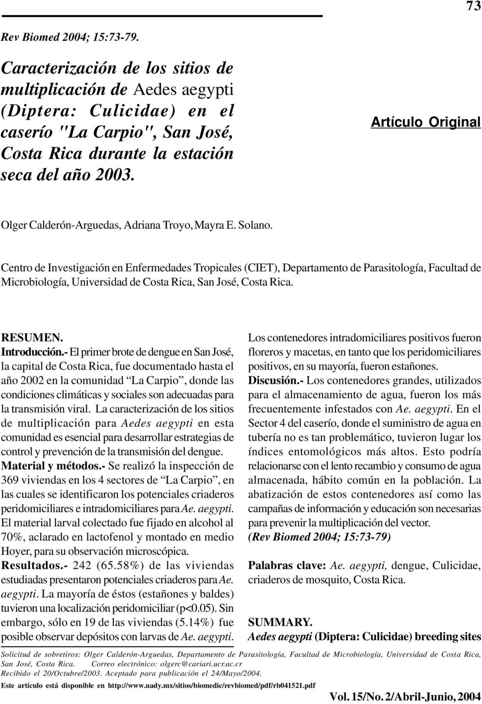 Artículo Original Olger Calderón-Arguedas, Adriana Troyo, Mayra E. Solano.