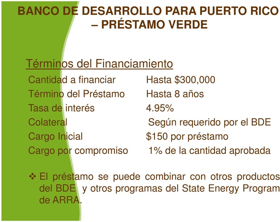 95% Colateral Según requerido por el BDE Cargo Inicial $150 por préstamo Cargo por